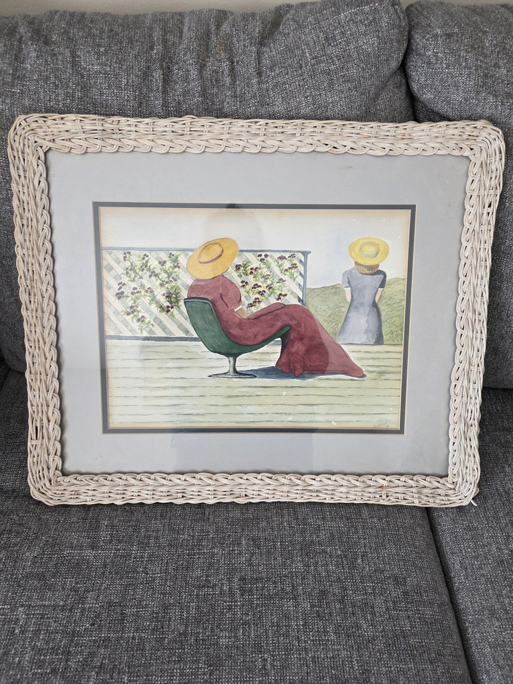 Wicker-Framed Beachside Print - Cream Frame with Multicolor Artwork